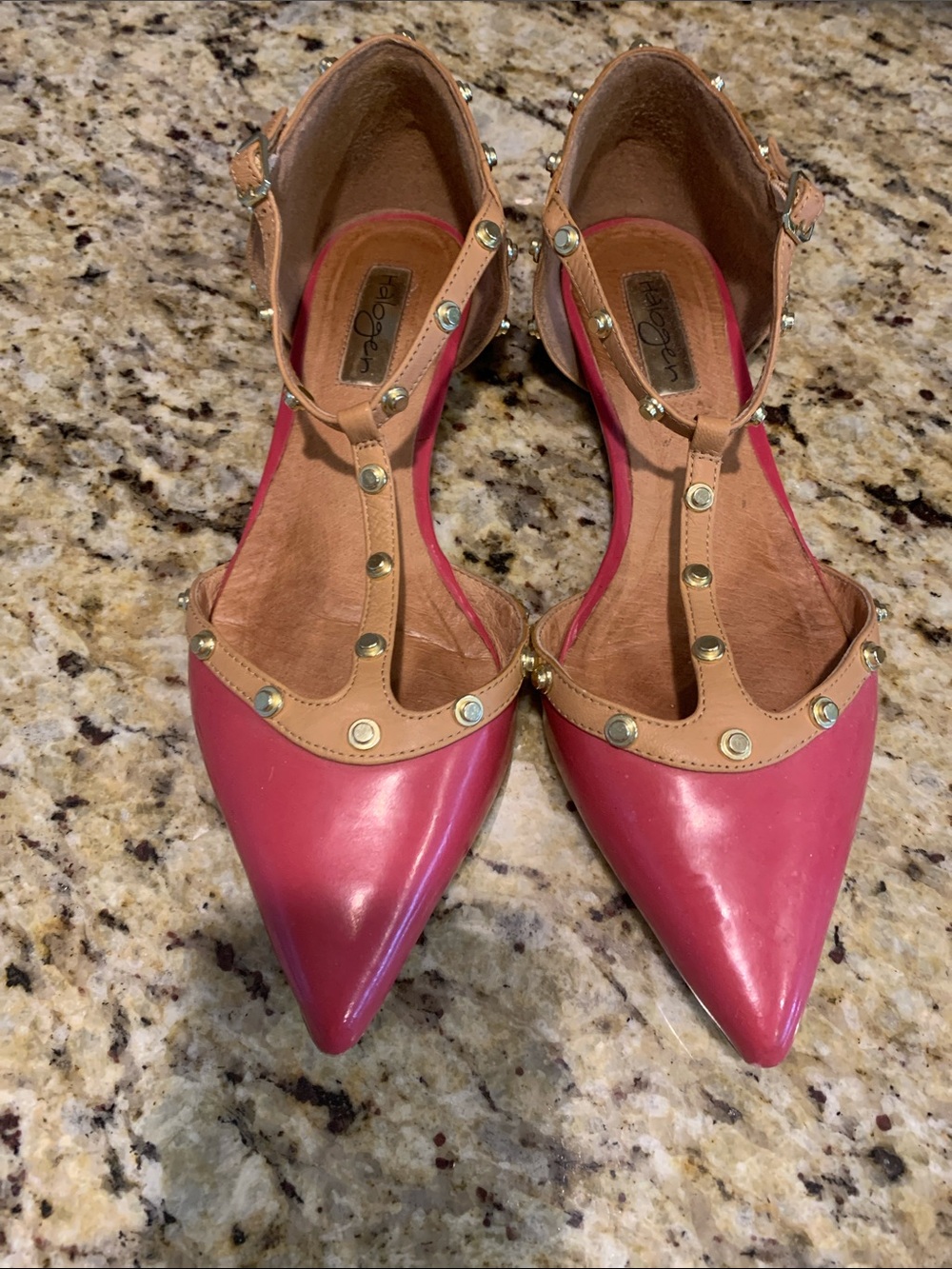 Halogen Pink Pointed T-Strap Flats with Tan Trim and Studs